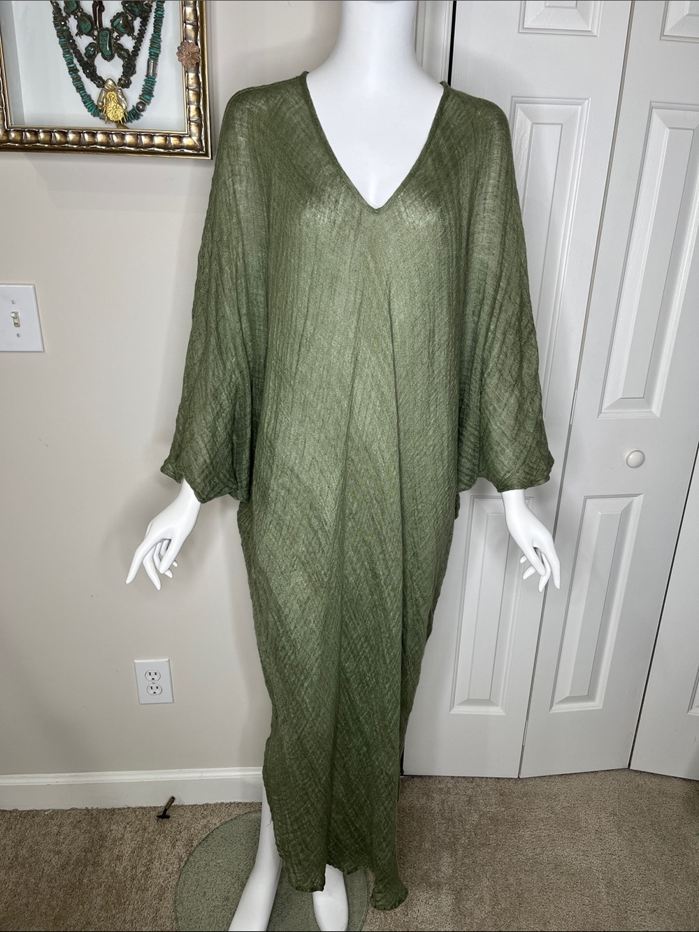 Hand-loomed Olive Green V-Neck Women's Bias Cut Caftan